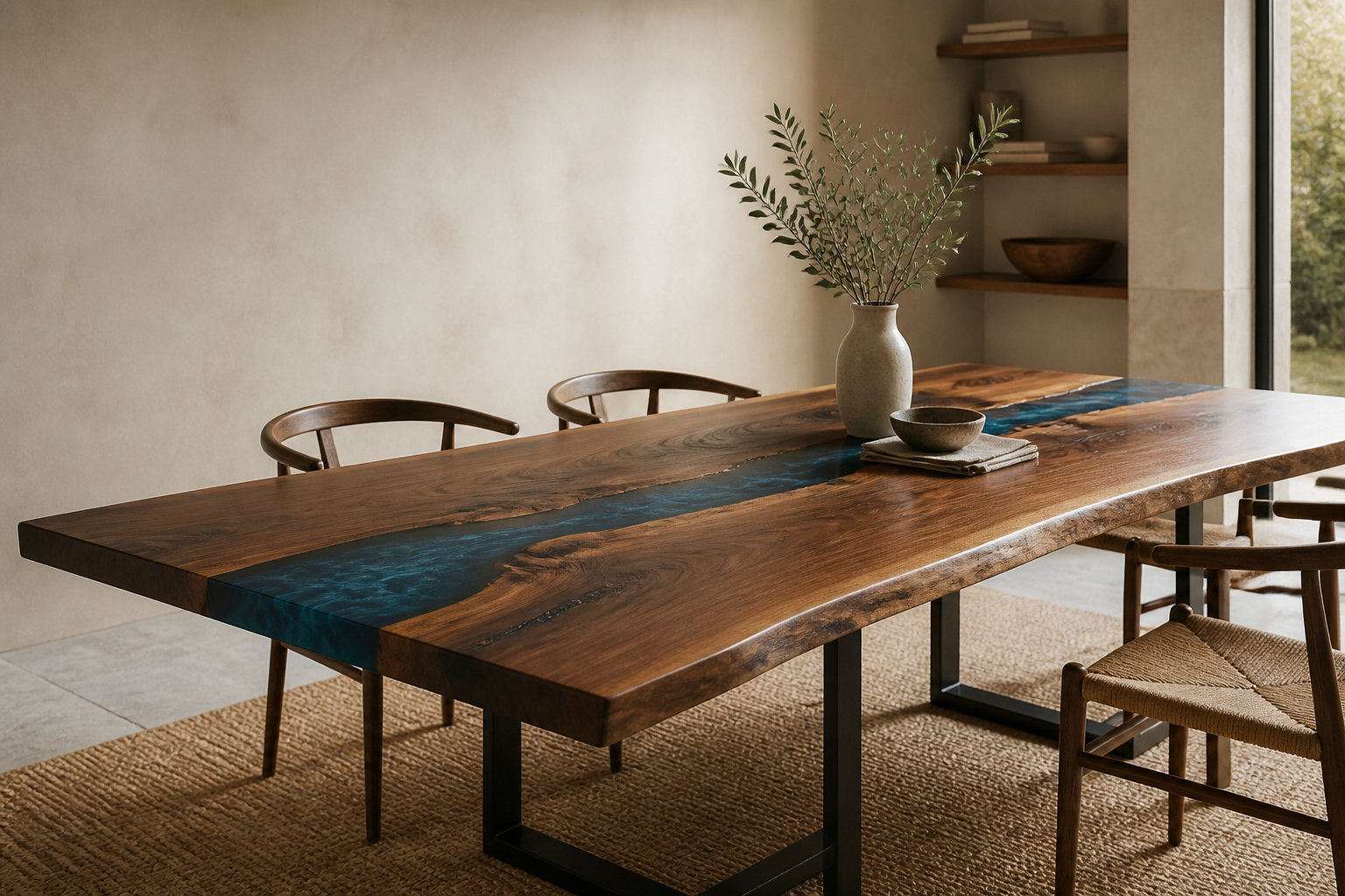 Warm walnut and ocean-blue resin dining table in a calm modern interior